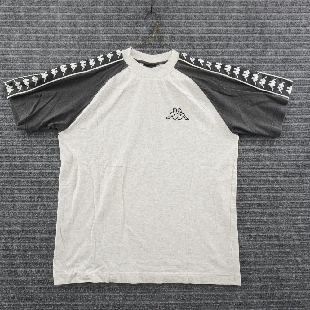 Vintage 90s Kappa T-Shirt Mens Large Grey Raglan Logo Tape Sleeve Sportswear